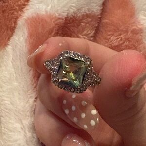 Silver Halo Ring with Green Mystic Square Stone